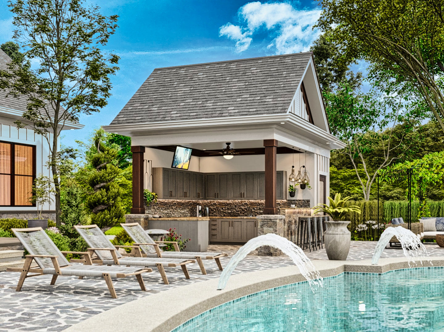 Fireplace Pool House Designs With Outdoor Kitchen Design Your 3d